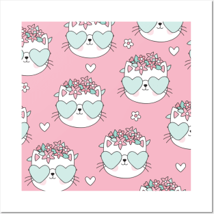 Pink pattern flower cute cats lover Posters and Art